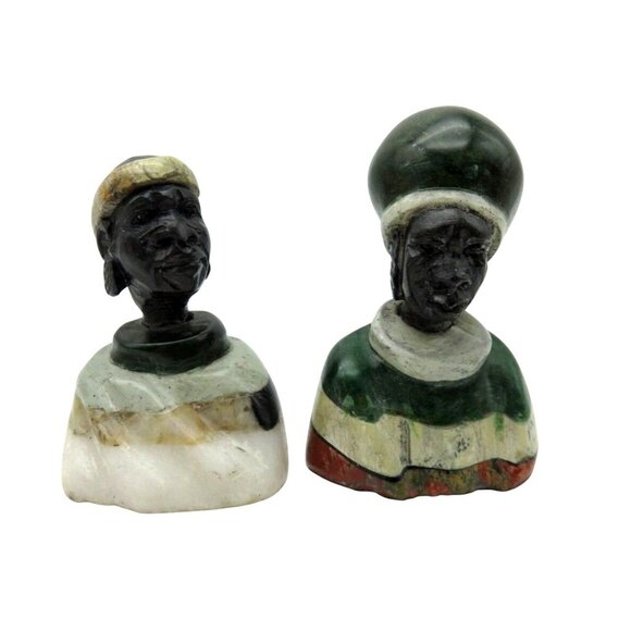 Small Stone Bust Set Colourful Hand Carved in Zimbabwe Africa 3.5" and 2.7" Tall - Picture 1 of 8